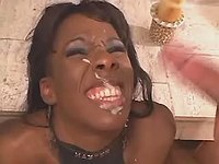 Hot latex ebony gets cum after DP